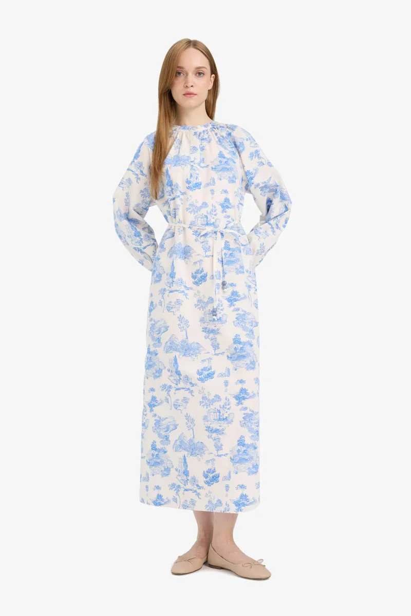 DeFacto Relax Fit Crew Neck Floral Poplin Laced Maxi Dress