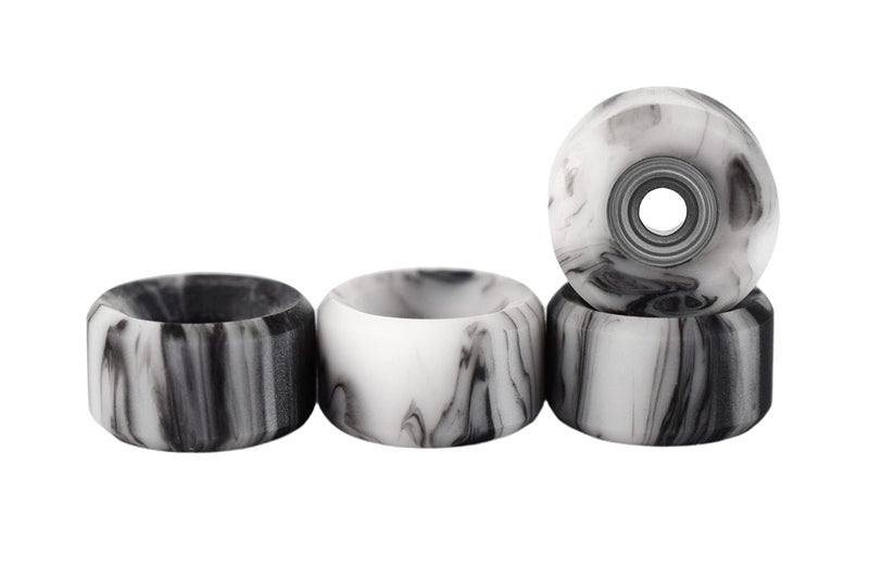 Teak Tuning Apex 61D Urethane Fingerboard Wheels Slim Bowl Shaped 75mm Diameter ABEC9 Stealth Bearings Made in The USA Grey White Swirl Colorway - Image 2