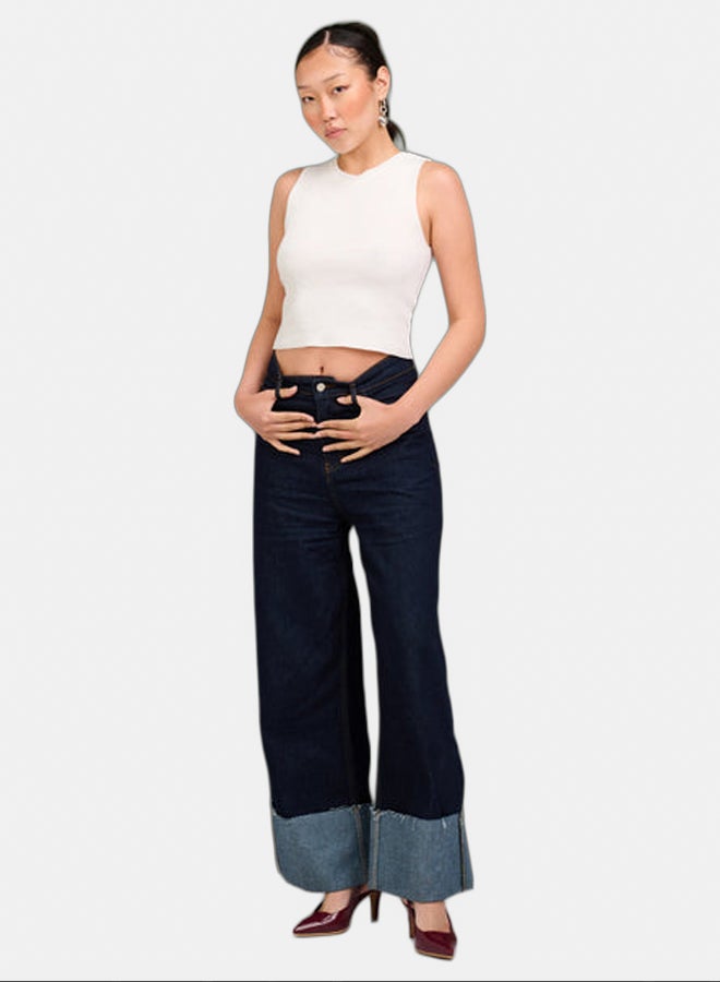 TGS Raw Blue Wide Leg Contrast Cuff Women Jeans - Image 1