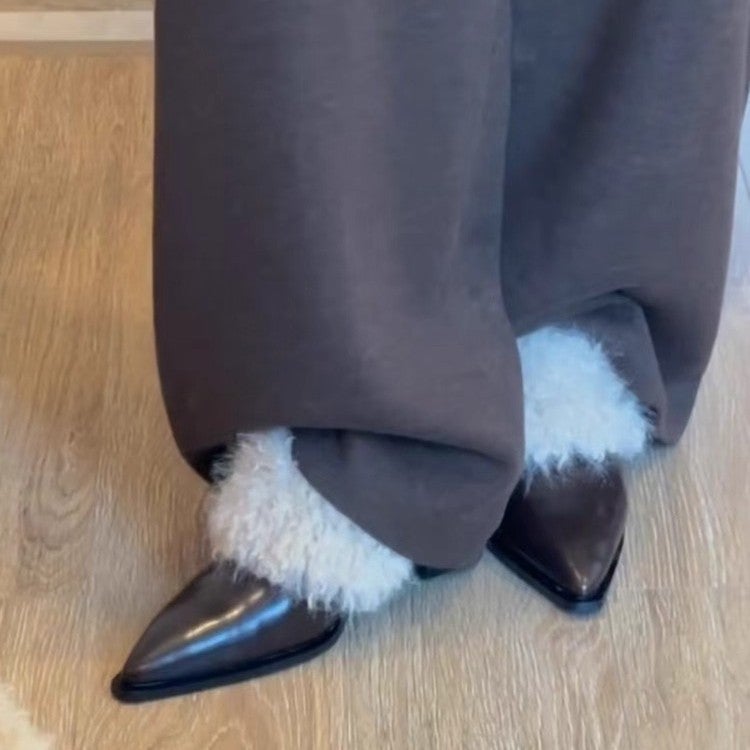 Women's Slip-On Pointed Toe Block Heel Shoes with Fleece Lining - Image 5