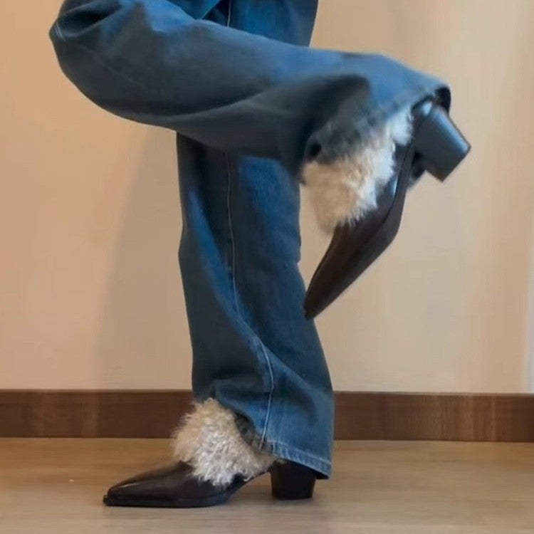 Women's Slip-On Pointed Toe Block Heel Shoes with Fleece Lining - Image 2