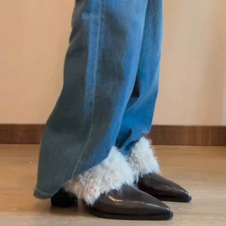 Women's Slip-On Pointed Toe Block Heel Shoes with Fleece Lining - Image 1