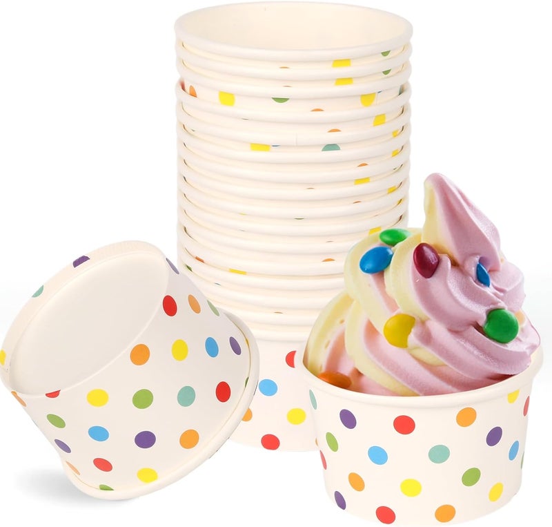 zandfelo 8 oz Ice Cream Cups, Disposable Ice Cream Cups,Frozen Dessert Yogurt Cups, Paper Sundae Cups, Disposable Paper Dessert Bowls, Rainbow Polka Dots Party Supplies (50) - Image 1
