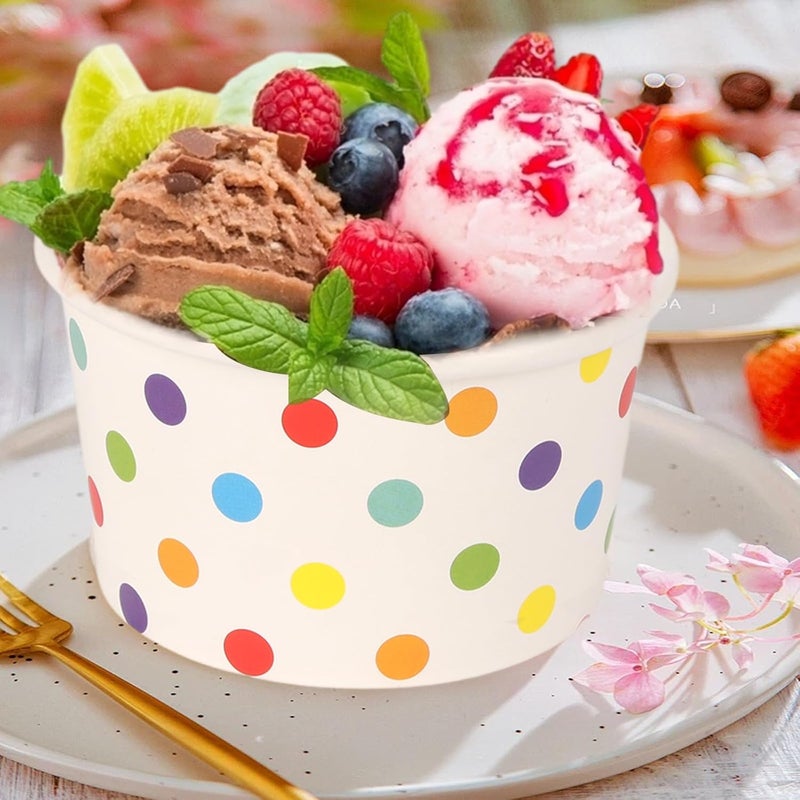 zandfelo 8 oz Ice Cream Cups, Disposable Ice Cream Cups,Frozen Dessert Yogurt Cups, Paper Sundae Cups, Disposable Paper Dessert Bowls, Rainbow Polka Dots Party Supplies (50) - Image 4