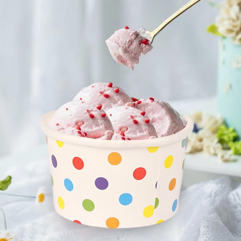 zandfelo 8 oz Ice Cream Cups, Disposable Ice Cream Cups,Frozen Dessert Yogurt Cups, Paper Sundae Cups, Disposable Paper Dessert Bowls, Rainbow Polka Dots Party Supplies (50) - Image 5
