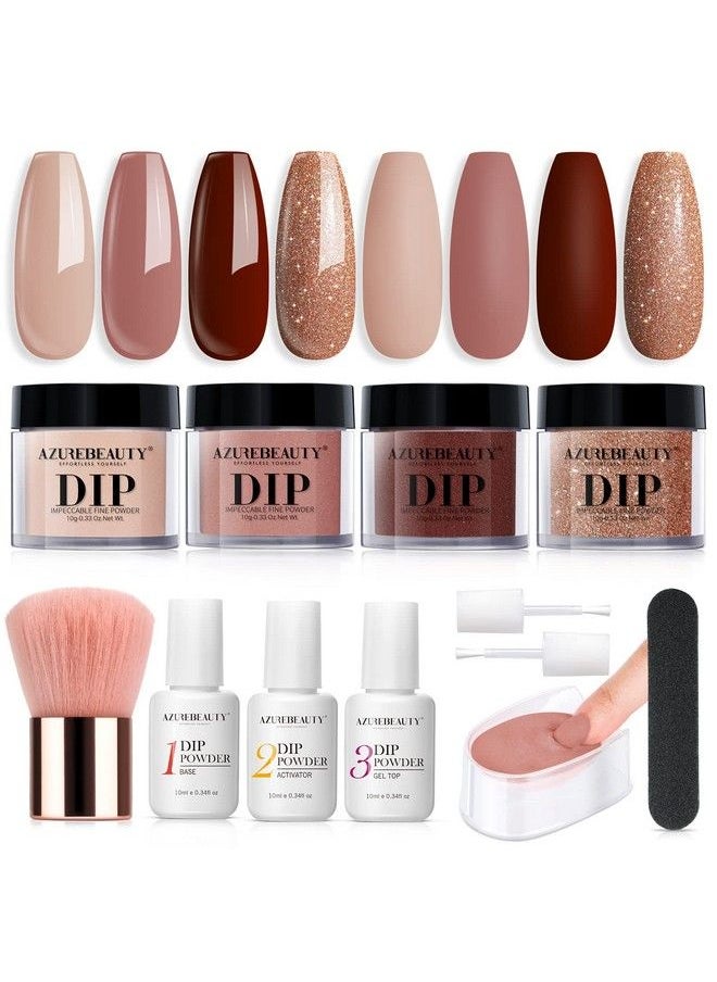 AZUREBEAUTY Dip Powder Nail Kit Starter 4 Colors Skin Nude Brown Glitter Acrylic Dipping Powder Liquid Set With Basetop Coat Activator For Daily French Nail Art Manicure Diy Gift 12 Pcs  - Image 1