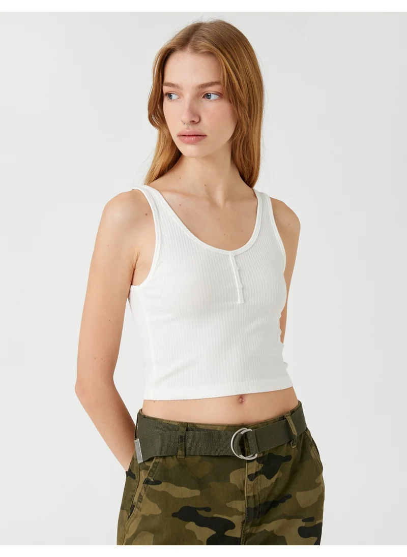 KOTON Ribbed Undershirt Crop U Collar Buttoned Front Ribbed