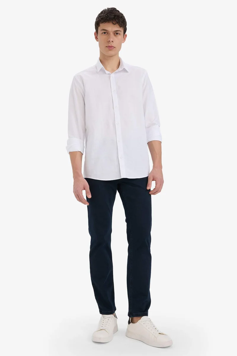 ديفاكتو Regular Fit Polo Neck Linen Summer Long Sleeve Shirt