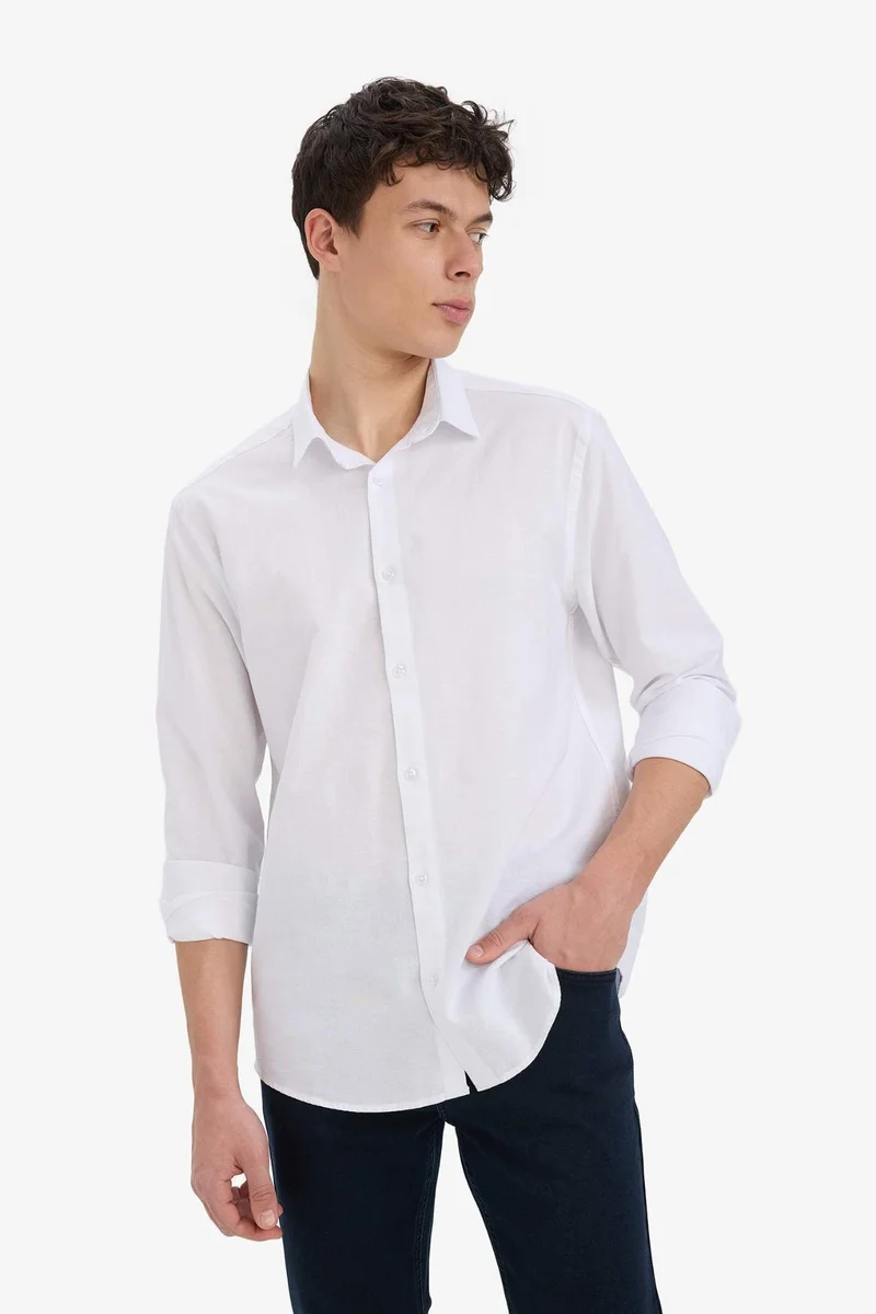 ديفاكتو Regular Fit Polo Neck Linen Summer Long Sleeve Shirt