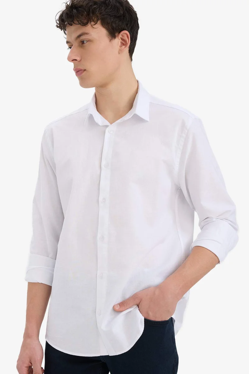 ديفاكتو Regular Fit Polo Neck Linen Summer Long Sleeve Shirt