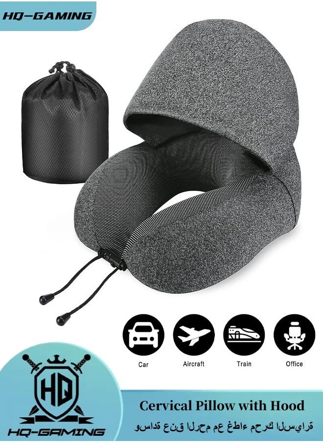 HQ-GAMING - Cervical Pillows, Memory Foam Travel Pillow with Hood, Adult Airplane Pillow for Head Rest Neck Support, Portable Pillow for Office Cars Trains Long Flights Sleeping (Deep Grey) - Image 1