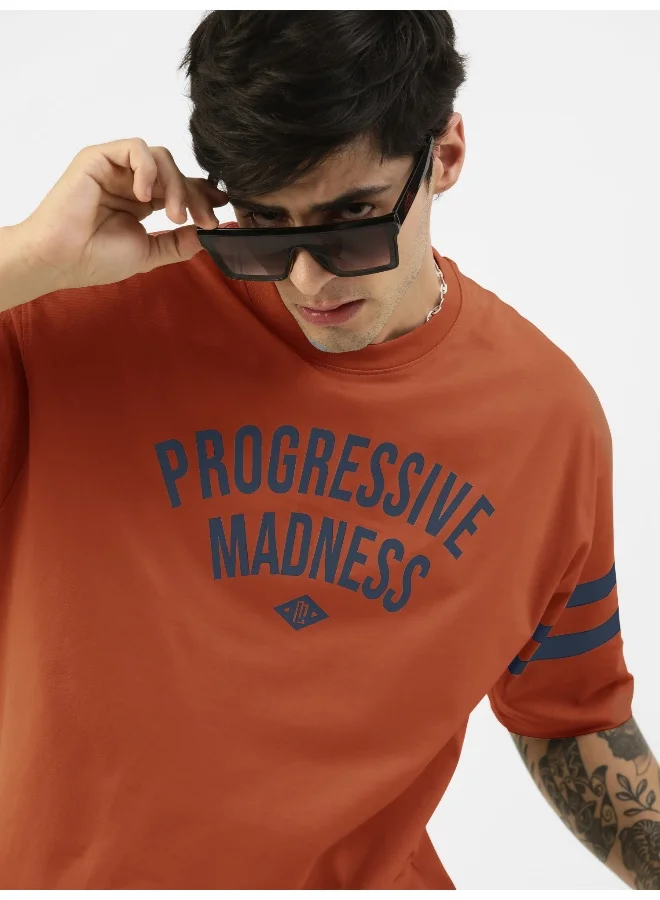 مانياك Mens Printed Round Neck 3/4th Sleeve Rust and Navy Cotton Oversized T-Shirt