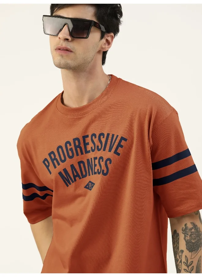 مانياك Mens Printed Round Neck 3/4th Sleeve Rust and Navy Cotton Oversized T-Shirt