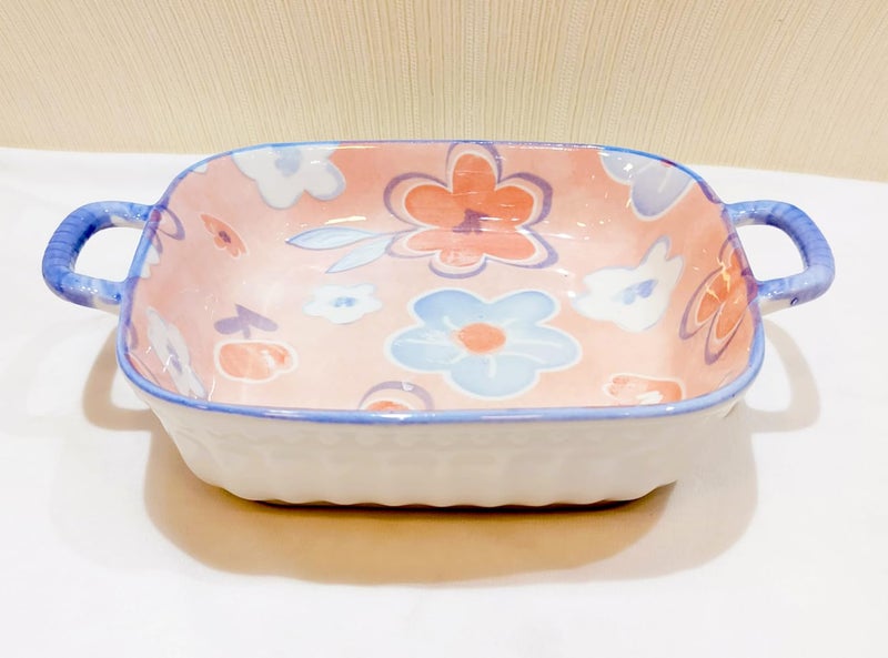 Lemon Tree Ceramic Rectangle Serving Deep Plate Serving Dish Plate for Snacks Fruits and Salad Use for Kitchen DiningDishwasher Safe Pink - Image 1