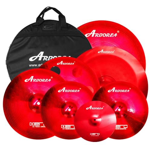 Arborea Cymbal Set for Drummer 7 pcs Red Hero Series Include 14"Hihats 16"Crash 20"Ride Bonus 10" Splash 16"Ozone Stacker 18" China Cymbal Plus Bag - Image 1