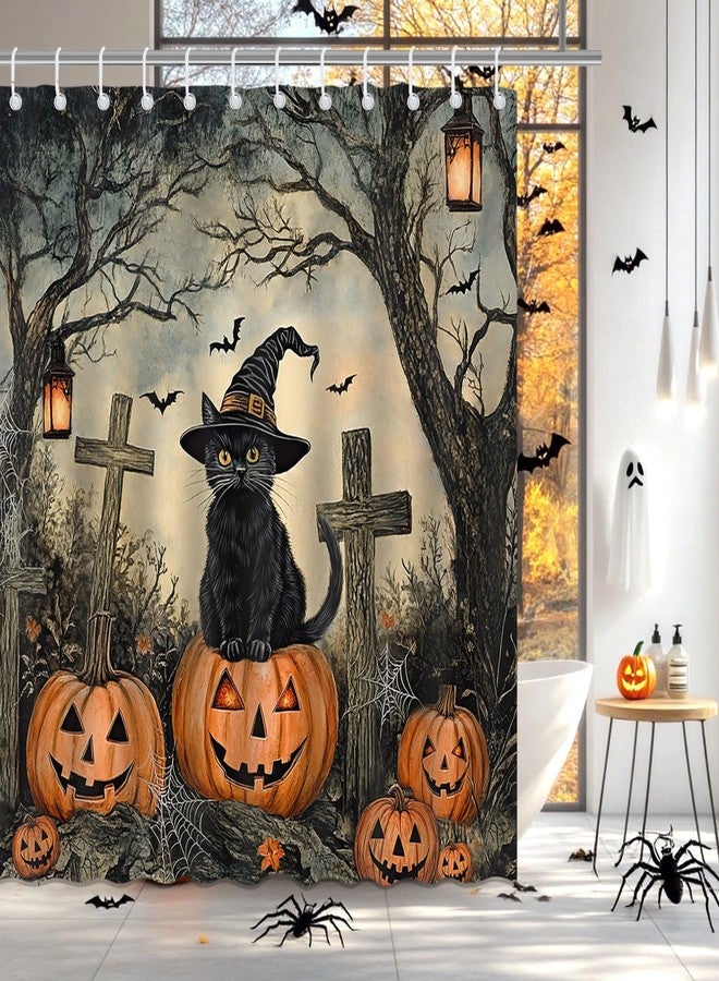 Mocsicka Halloween Cat Shower Curtain Black Cat Pumpkin Forest Graveyard Cute Halloween Home Decor Bathroom Bathtub Curtain for Kids 72x72 Inch - Image 2