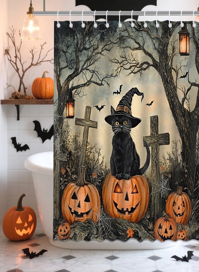 Mocsicka Halloween Cat Shower Curtain Black Cat Pumpkin Forest Graveyard Cute Halloween Home Decor Bathroom Bathtub Curtain for Kids 72x72 Inch - Image 1