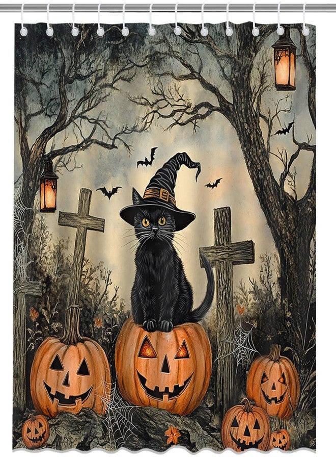 Mocsicka Halloween Cat Shower Curtain Black Cat Pumpkin Forest Graveyard Cute Halloween Home Decor Bathroom Bathtub Curtain for Kids 72x72 Inch - Image 3