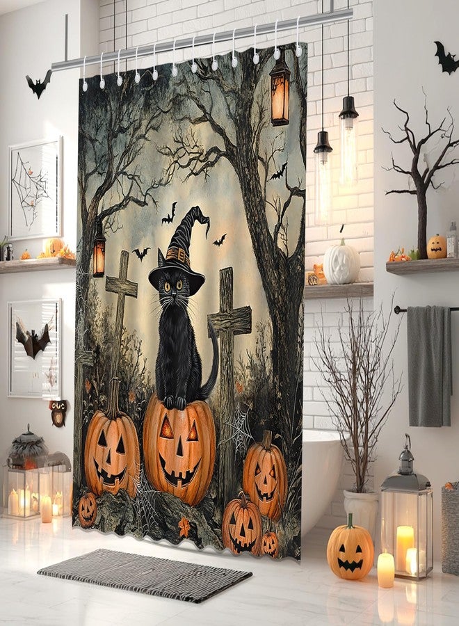 Mocsicka Halloween Cat Shower Curtain Black Cat Pumpkin Forest Graveyard Cute Halloween Home Decor Bathroom Bathtub Curtain for Kids 72x72 Inch - Image 4