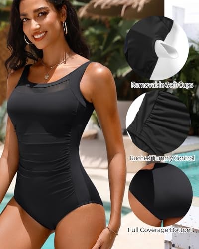 Tempt Me Women One Piece Mesh Swimsuits Tummy Control Swimwear Black L - Image 3