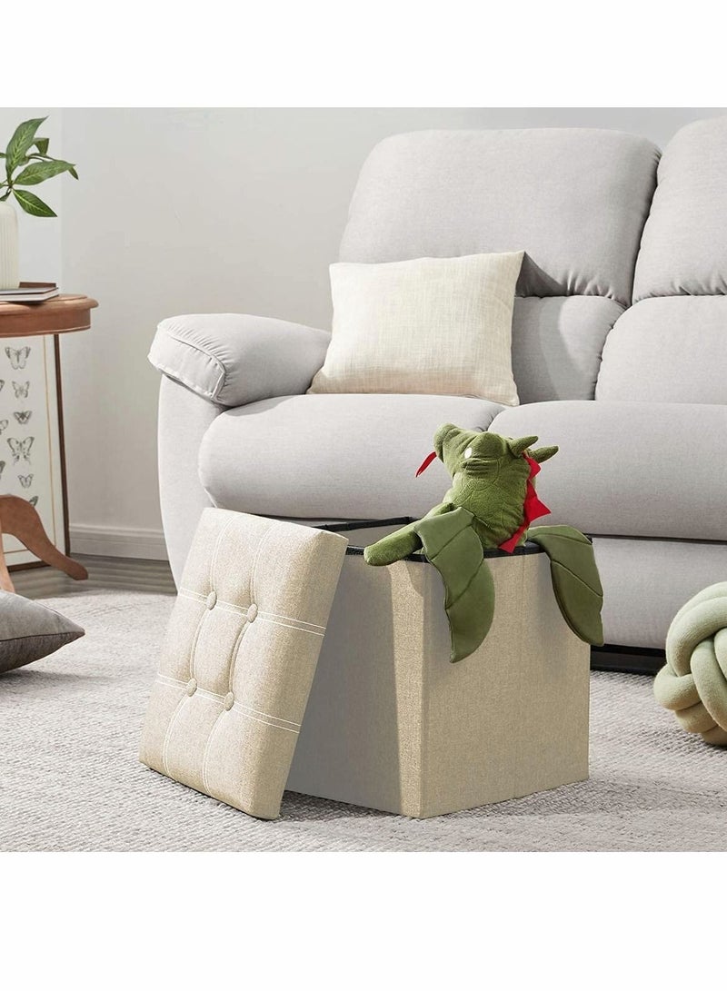 مكعب عثماني للتخزين مقاس 15 بوصة، صناديق تخزين قابلة للطي، مسند للقدمين، مقعد مبطن لغرفة المعيشة في السكن الجامعي، يدعم 350 رطلاً، قماش خطي (بيج) - Image 2