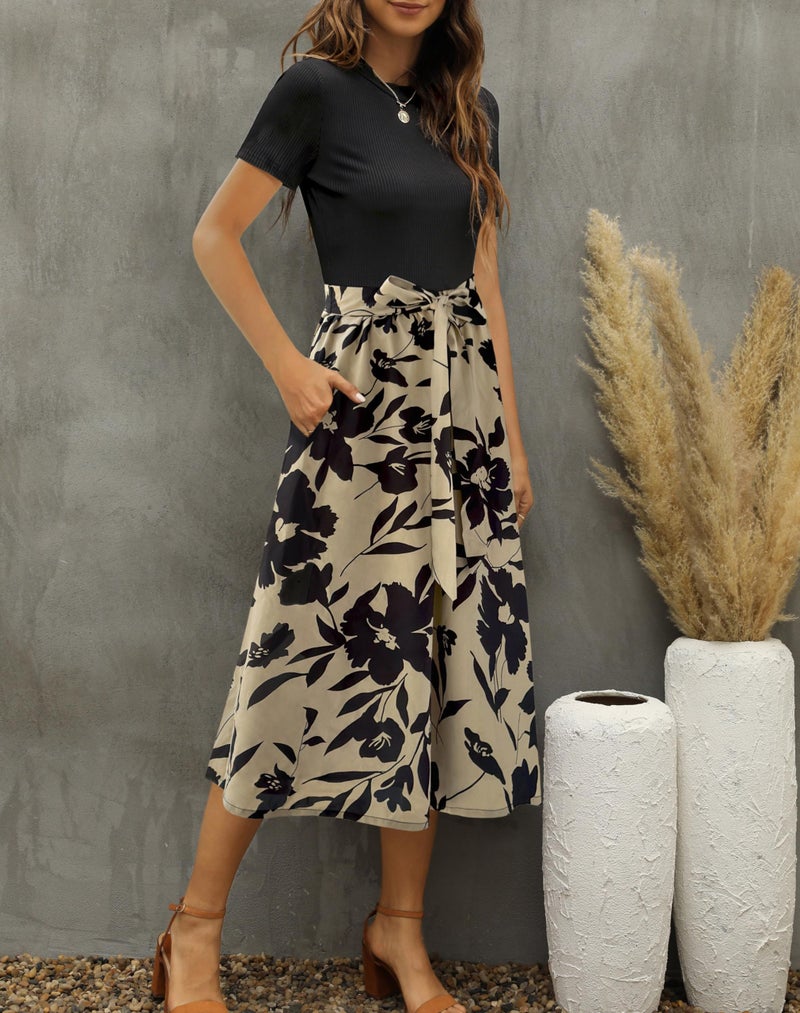 Zattcas Women 2026 Summer Dress Short Sleeve Ribbed Teacher Church Modest Business Casual Work Outfits Midi Dress with Pockets Blacktaupe M - Image 2