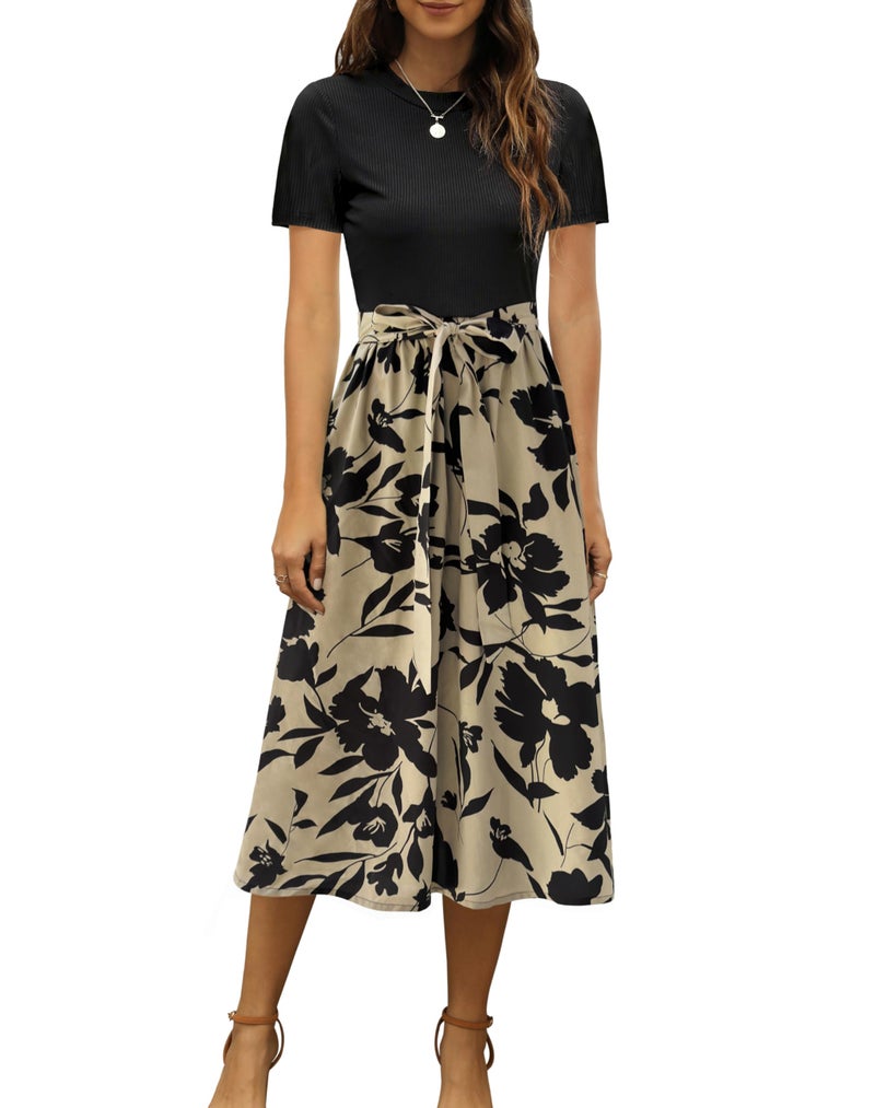 Zattcas Women 2026 Summer Dress Short Sleeve Ribbed Teacher Church Modest Business Casual Work Outfits Midi Dress with Pockets Blacktaupe M - Image 1