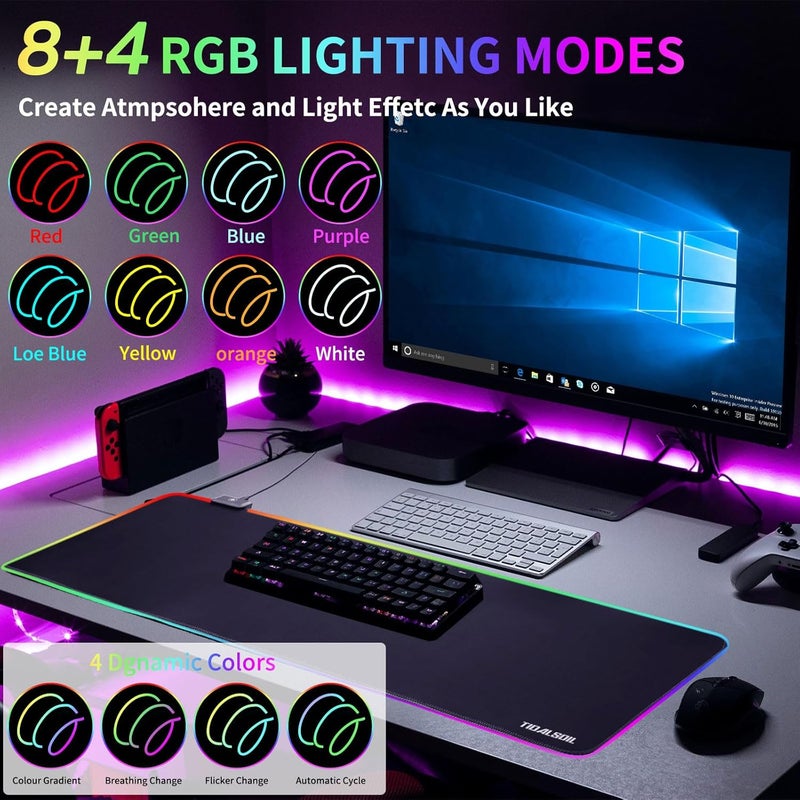 TIDALSOIL RGB Gaming Mouse Pad, 31.5 x 11.8 Inch Oversized Mouse Mat with 12 Light Modes, Non-Slip Rubber Base, Large Keyboard Pad for PC Gaming, Office, Black - Image 3