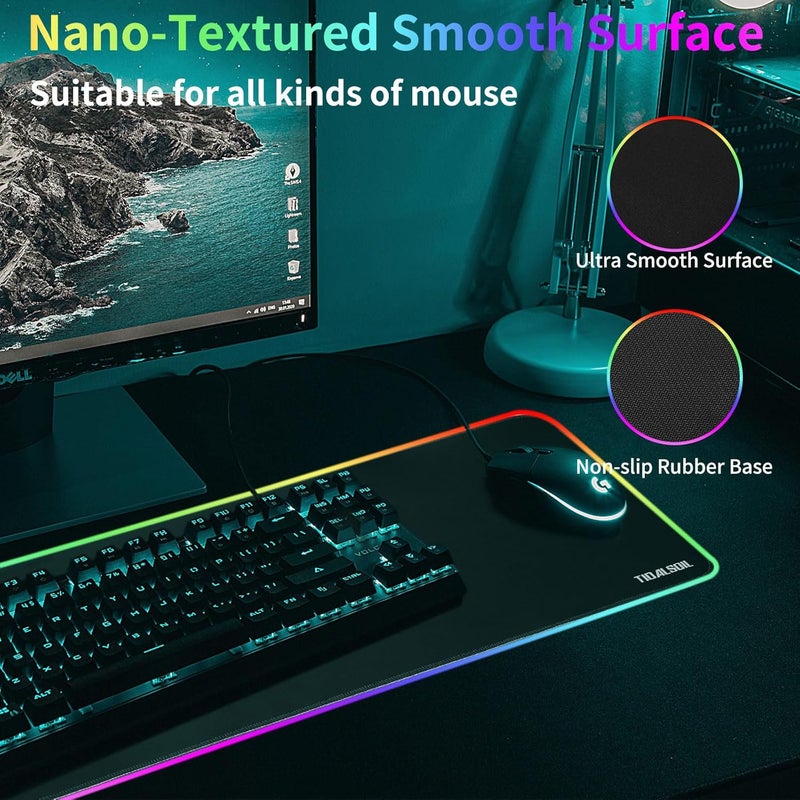 TIDALSOIL RGB Gaming Mouse Pad, 31.5 x 11.8 Inch Oversized Mouse Mat with 12 Light Modes, Non-Slip Rubber Base, Large Keyboard Pad for PC Gaming, Office, Black - Image 2
