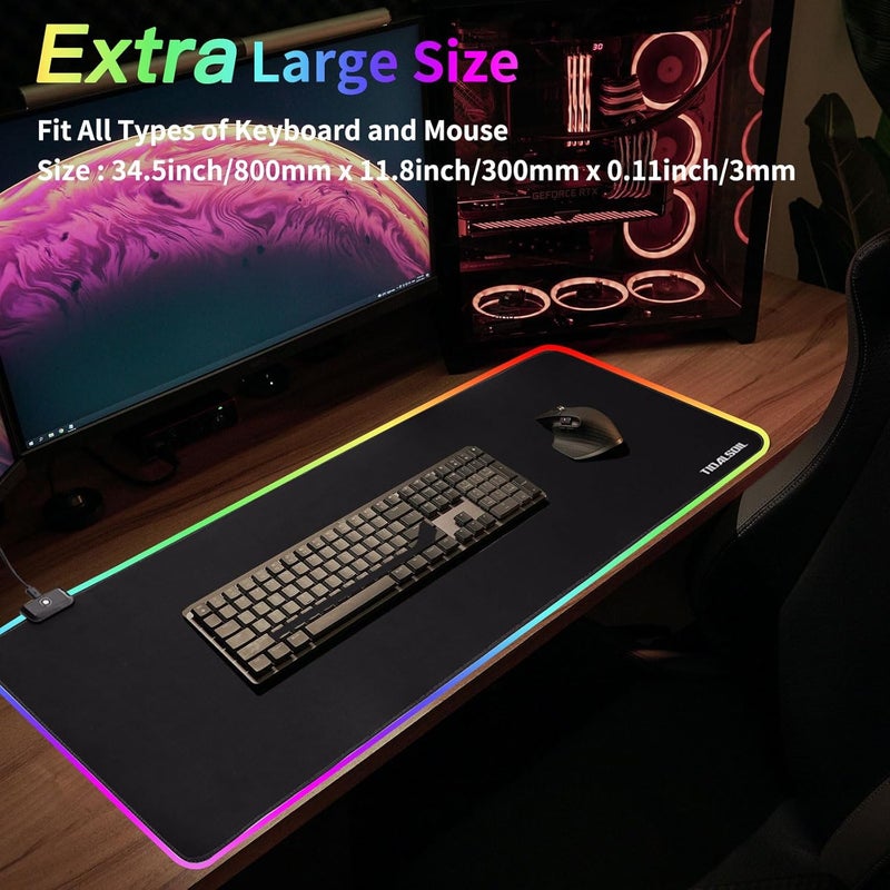 TIDALSOIL RGB Gaming Mouse Pad, 31.5 x 11.8 Inch Oversized Mouse Mat with 12 Light Modes, Non-Slip Rubber Base, Large Keyboard Pad for PC Gaming, Office, Black - Image 5