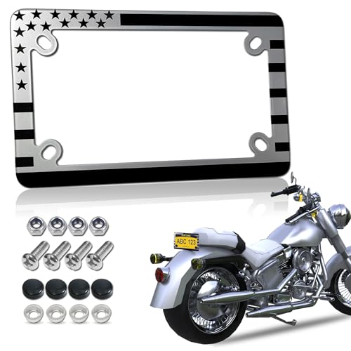 FBJTDQ Motorcycle License Plate Frame American Flag Stainless Steel Bike Tag Plate Holder USA Patriotic HeavyDuty Metal Bracket with Mounting Screws Nuts Caps 1 Pack - Image 1