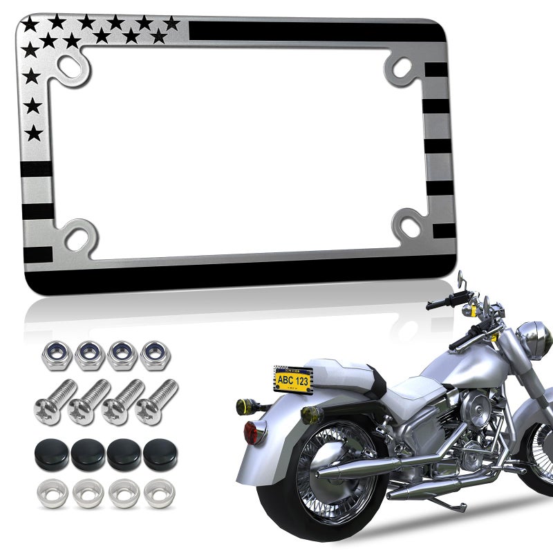 FBJTDQ Motorcycle License Plate Frame American Flag Stainless Steel Bike Tag Plate Holder USA Patriotic HeavyDuty Metal Bracket with Mounting Screws Nuts Caps 1 Pack - Image 3