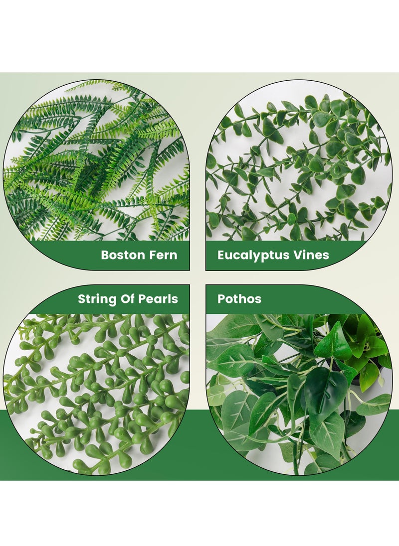 XiuWoo 4 Pack Fake Plants Hanging with Pots Artificial Ivy Vine Faux Eucalyptus Hanging Plants, Boston Fern, String of Pearls for Home Room Wall Shelf Indoor Outdoor Decor, green  - Image 3