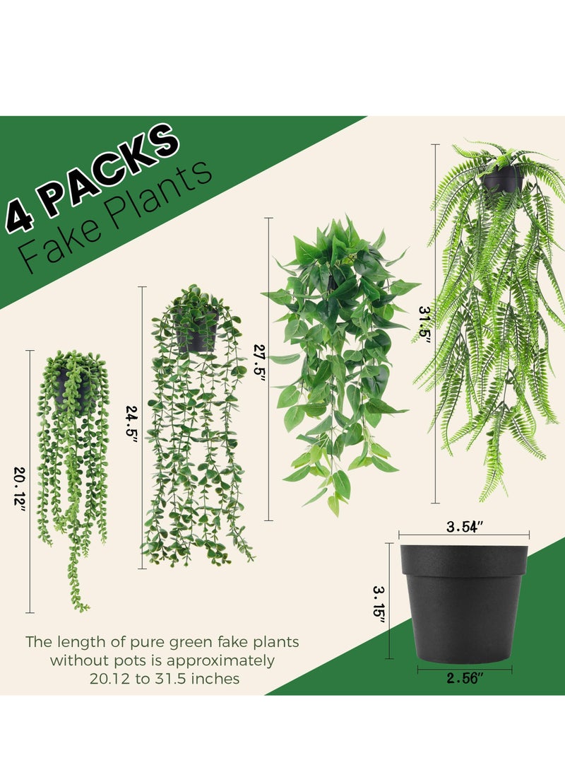 XiuWoo 4 Pack Fake Plants Hanging with Pots Artificial Ivy Vine Faux Eucalyptus Hanging Plants, Boston Fern, String of Pearls for Home Room Wall Shelf Indoor Outdoor Decor, green  - Image 2