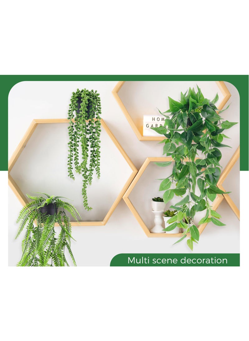 XiuWoo 4 Pack Fake Plants Hanging with Pots Artificial Ivy Vine Faux Eucalyptus Hanging Plants, Boston Fern, String of Pearls for Home Room Wall Shelf Indoor Outdoor Decor, green  - Image 4