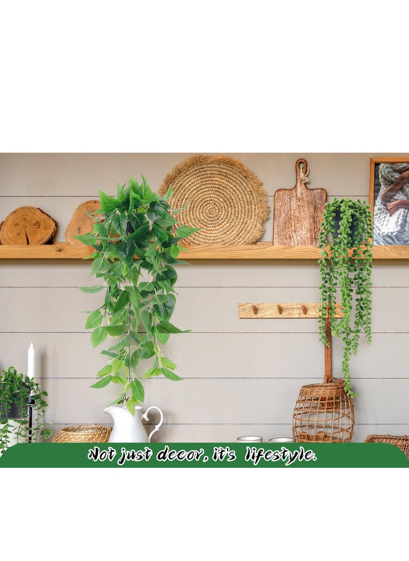 XiuWoo 4 Pack Fake Plants Hanging with Pots Artificial Ivy Vine Faux Eucalyptus Hanging Plants, Boston Fern, String of Pearls for Home Room Wall Shelf Indoor Outdoor Decor, green  - Image 5
