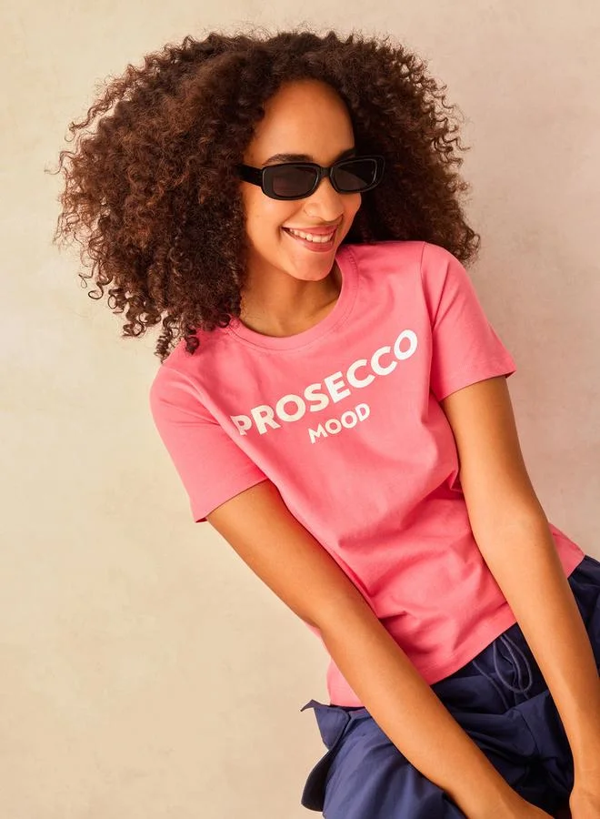 OUTZIDR Pink Crew Neck Graphic T-Shirt - 100% Cotton