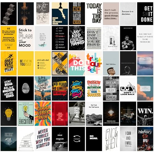 PINACO INDIA Motivational Aesthetic Wall Collage Kit | Pack of 54 Wall Stickers Posters | 300 GSM Matte Art Card | 4x6 Inch | Bedroom, Office & Living Room Decor - Image 1