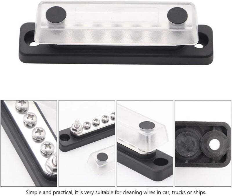 48v 100a Rv Bus Bar Distribution Block with 5 Screw Terminals #8/32 and 2 Studs 3/16”-24, Cover, Automotive and Boat Electrical Junction Terminal Block - Image 3