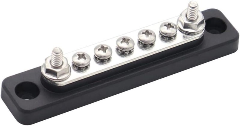 48v 100a Rv Bus Bar Distribution Block with 5 Screw Terminals #8/32 and 2 Studs 3/16”-24, Cover, Automotive and Boat Electrical Junction Terminal Block - Image 1