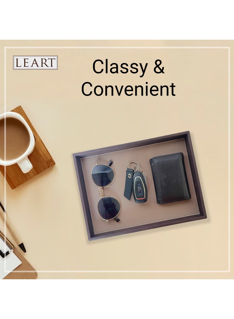 LeArt Leather Valet Tray for Men & Women – Leather Tray Organizer | Bedside, Nightstand, Office Desk Organizer Tray | Catchall Tray (Wooden Walnut) - Image 3
