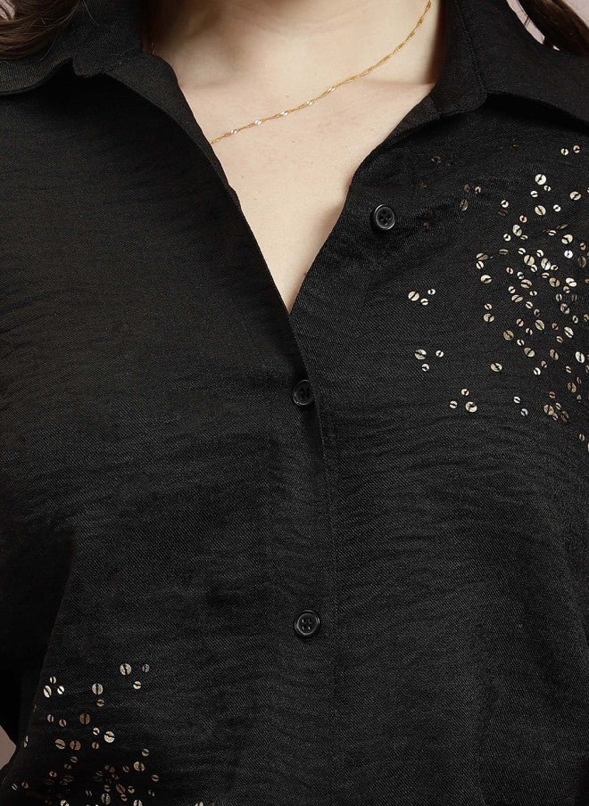 Athena قميص كتان أسود مزين للنساء - Image 2