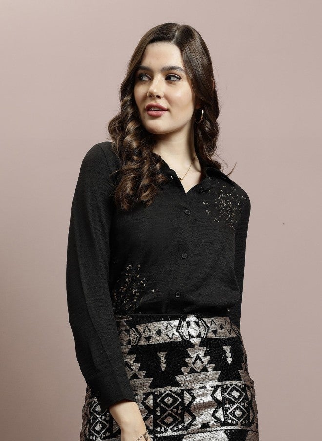 Athena قميص كتان أسود مزين للنساء - Image 3