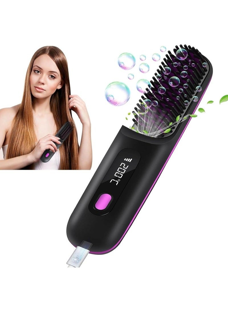 Cordless Hair Straightener Brush, USB Rechargeable 4000mAh Straightening Brush for Travel Mini Curling Iron for Short Hair Negative Ion Anti-Scald Hot Comb Flat Iron 3 Temp-Settings, Black - Image 1