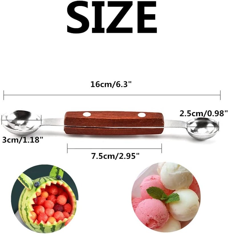 Ebonee Double-Sided Fruit Melon Baller Spoon with wood handle, 2 in 1 Stainless Steel Scoop Cutter 16cm (2 Pack) - Image 2