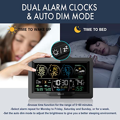 Uzoli EM3390 7.5" Weather Station, Weather Station Wireless Indoor Outdoor Thermometer, Digital Weather Stations 3 Sensors with Atomic Clock, Barometer, Moon Phase, Large Screen Monitor for Home Use - Image 5