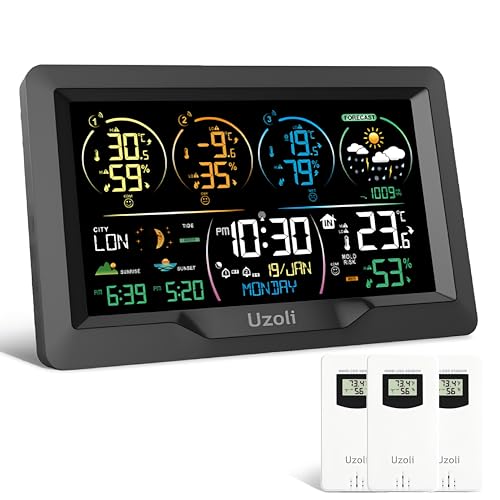 Uzoli EM3390 7.5" Weather Station, Weather Station Wireless Indoor Outdoor Thermometer, Digital Weather Stations 3 Sensors with Atomic Clock, Barometer, Moon Phase, Large Screen Monitor for Home Use - Image 1