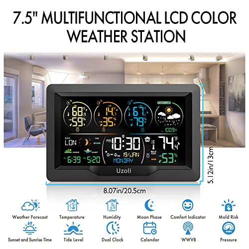 Uzoli EM3390 7.5" Weather Station, Weather Station Wireless Indoor Outdoor Thermometer, Digital Weather Stations 3 Sensors with Atomic Clock, Barometer, Moon Phase, Large Screen Monitor for Home Use - Image 2