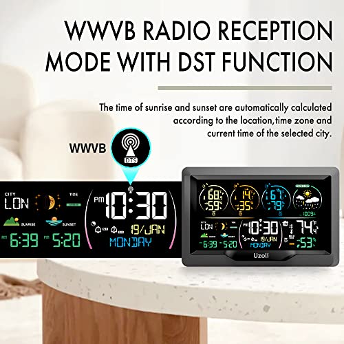 Uzoli EM3390 7.5" Weather Station, Weather Station Wireless Indoor Outdoor Thermometer, Digital Weather Stations 3 Sensors with Atomic Clock, Barometer, Moon Phase, Large Screen Monitor for Home Use - Image 4