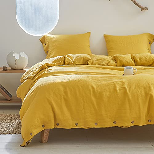 Simple&Opulence 100% Linen Duvet Cover Set 3pcs with Coconut Button Closure Natural French Washed Flax Solid Color Soft Breathable Farmhouse Bedding - Mustard Yellow, King Size - Image 1